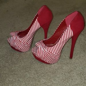 Red and white platform heels